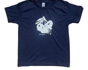 Navy, Vintage Chels Apparel cherries COQUETTE baby tee fit, Hand Screen Printed, Unisex Baby tee Fit, Handmade gift apparel, unique, y2k
