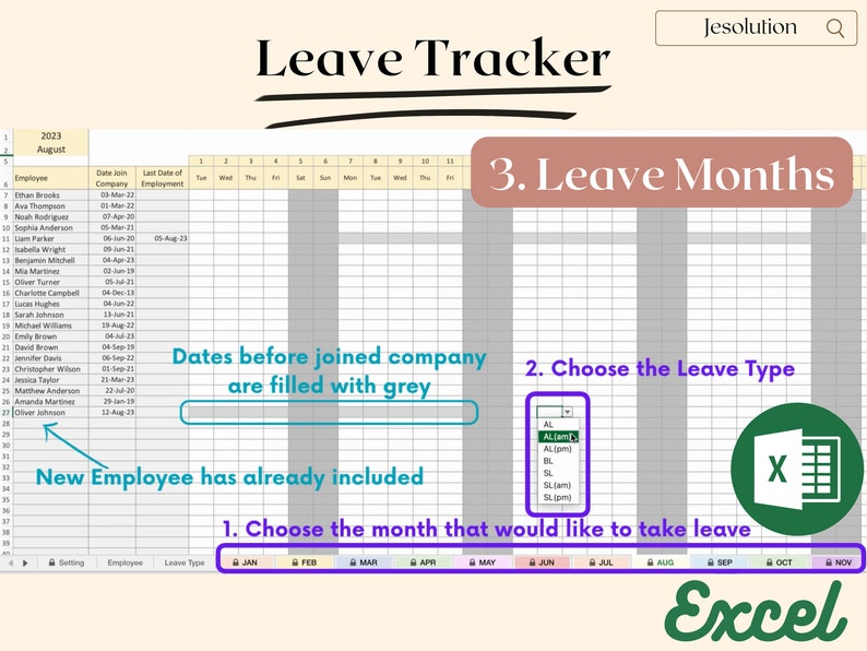 Leave Tracker Excel Template (100 Employee) Absence Tracker, Leave Planner, Annual Leave, Sick