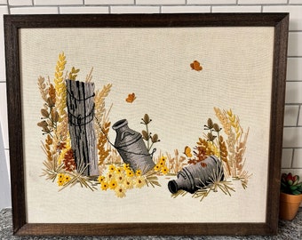 Vintage Sunset Stitchery Crewel Wood Framed Country Memory 16 x 20 Floral 1976