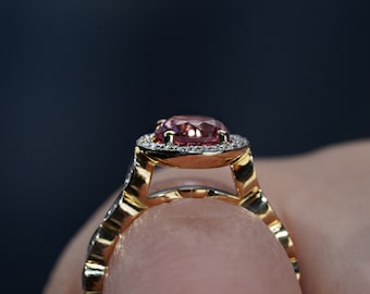 14k guld naturlig turmalin, massivt guld turmalin solitärring, lila ädelstensring, solitärring turmalin 1K38CT, diamanter 0,35CT