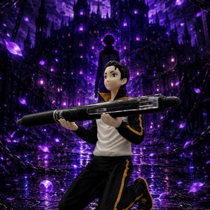 May include: A male anime-style figurine kneeling and holding a large black ballpoint pen. The figure wears a black and white tracksuit with yellow stripes. The background features a dark, purple-lit gothic castle silhouette under a crescent moon.