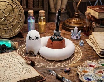 Brushbuddy with Ink Bottle Pen Holder – Witch Hat Atelier Inspired Desk Companion, 3D Printed Fantasy Creature Pen Stand