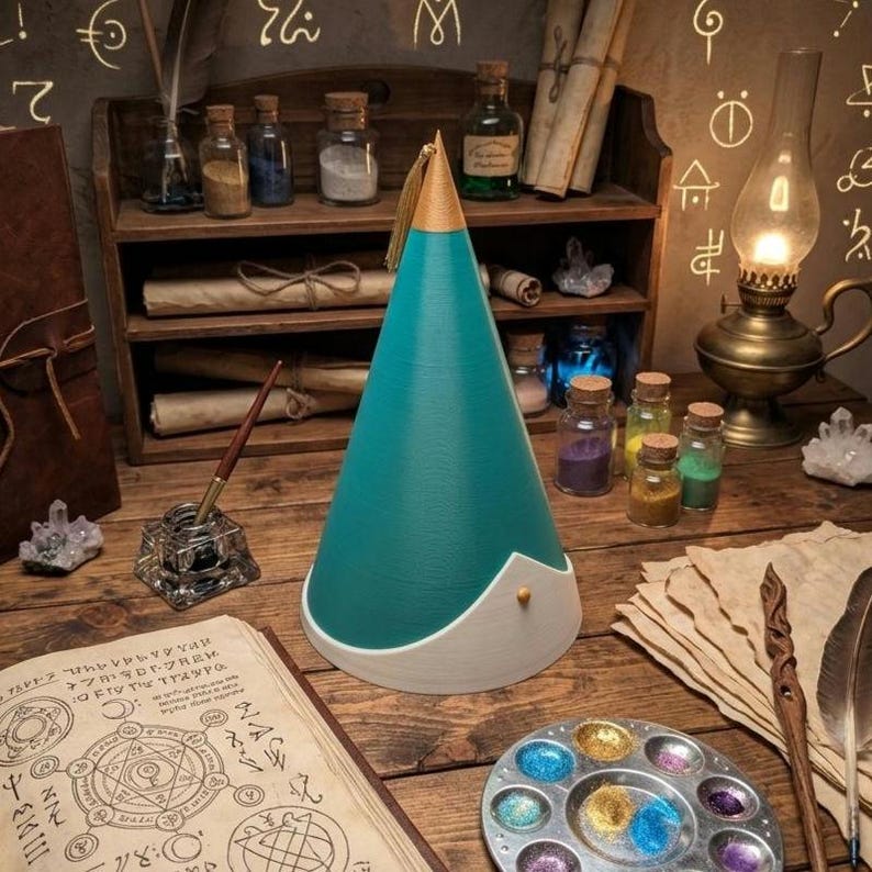 May include: A conical object with a teal body, a gold-colored pointed top, and a white base featuring a small gold stud. The item is positioned on a wooden surface alongside an open book with circular diagrams, a paint palette, and an inkwell.
