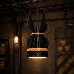 May include: A matte black pendant light fixture shaped like a bomb, featuring two horizontal bands with raised circular gold-colored studs. The light hangs from a thin black rod and emits a warm downward glow from its open base.