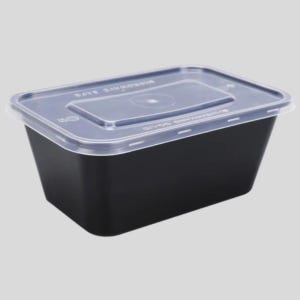 May include: A black rectangular food container with a clear lid. The lid is labelled "Microwave Safe". The container is designed for food storage and transport, suitable for use in a microwave.