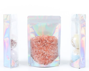 Holographic Silver Stand Up Pouch: Clear Grip Seal Food Packaging