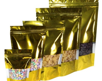 Gloss Golden Stand Up Pouch: Clear Window Grip Seal Food Bags