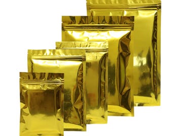 Glossy Golden Grip Seal Bags: Metallic Foil Flat Pouches