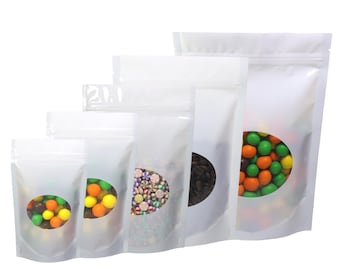 White Mylar Foil Stand Up Pouch: Food Grade Zip Lock Bag with Oval Window