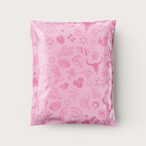May include: Pink plastic mailing envelope with a repeating pattern of pink cowboy boots, palm trees, seashells, stars, and other western and beach-themed icons.