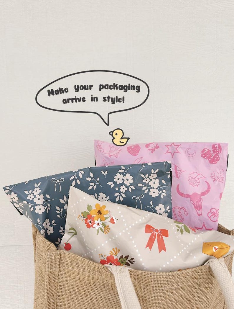 May include: A burlap tote bag filled with three different patterned mailing envelopes. The envelopes are decorated with floral, geometric, and animal print designs. A speech bubble above the bag reads "Make your packaging arrive in style!" with a yellow rubber ducky inside.