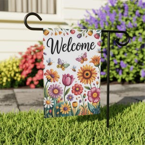 Hello Garden Flag Spring Summer Floral Yard Decor with Butterflies and Flowers Welcome Outdoor Flag for Porch Patio Lawn Seasonal Decoration