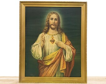 SACRED HEART Of JESUS, Antique Print With Original Frame,  Religious Art!