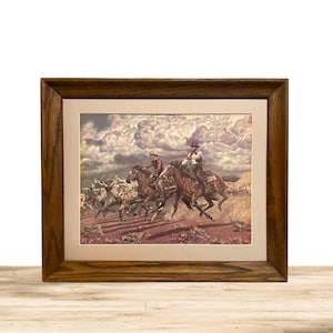 VINTAGE WESTERN STAMPEDE Print, Framed Cattle Cowboy Art, Solid Wood Frame!