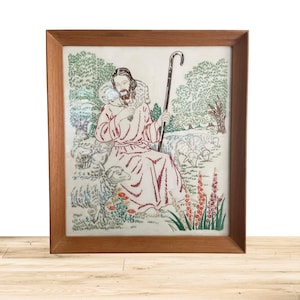 JESUS WITH LAMB, Embroidered Christ And Sheep, Shepherd, original vintage embroidery with the Original Solid Wood Frame
