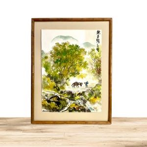 VINTAGE JAPANESE WATERCOLOR by Katsutaro Furuya, Framed Asian Watercolor Painting!