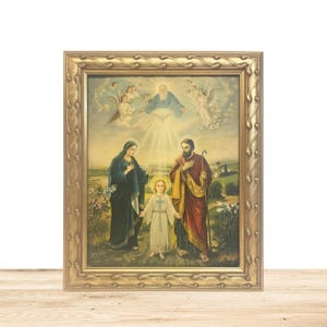THE HOLY FAMILY Framed Antique Picture,  Gold Frame,  Jesus Original Print,  Religious Print!