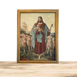 Jesus and Sheep Print, Framed, Original Print and Frame,  Religious Print , colorful!