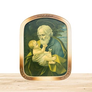 SAINT JOSEPH & BABY Jesus Antique Religious Framed Print,  Original Wood Ornate Wood Frame!
