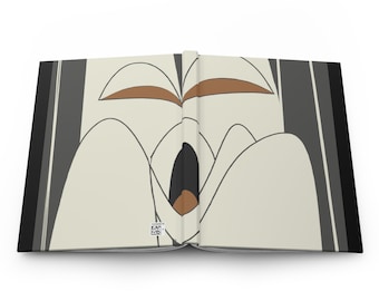 Pode incluir: Livro aberto com um design abstrato preto e branco na capa. O design apresenta um rosto estilizado com olhos castanhos e uma boca grande aberta.