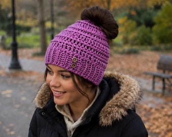 North Shore Beanie Messy Bun Hat Crochet Pattern PDF | Women’s Crochet Hat Pattern | Ponytail Beanie | Easy Winter Hat; Easy Ponytail Beanie