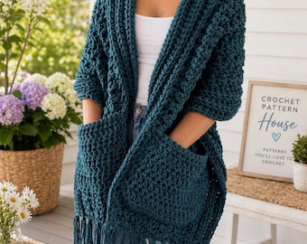 Everwood Classic Pocket Shawl Crochet Pattern PDF | Oversized Fringe Wrap | Cozy Crochet Shawl Pattern | Instant Download