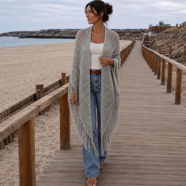 Crochet Triangle Shawl Pattern | The Marlwood Shawl | Lightweight Boho Fringe Wrap | Coastal Crochet Shawl