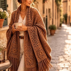 Häkelanleitung für einen Rosenholz-Schal | Oversized Boho-Schal | Fransen-Schal im Oma-Stil | Häkelanleitung für Damenschal (PDF) | Anfängerfreundlich