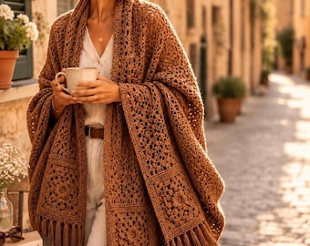 Rosewood Shawl Crochet Pattern | Oversized Boho Wrap Pattern | Granny Square Fringe Shawl | Women’s Crochet Shawl PDF | Beginner Friendly