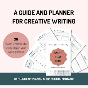 Peut inclure: Un guide et un planificateur pour l'écriture créative avec 36 modèles remplissables. La couverture présente un cercle de couleur pêche avec le texte "Write That Book" en blanc. Le texte "Imagine. Plan. Write." est sous le cercle.
