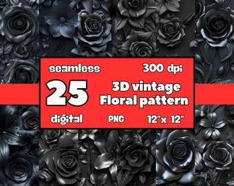 3D Black Flower Floral Vintage Pattern Digital Paper Junk Journal - Seamless Textures Instant Download For Commercial Use, PNG