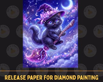 May include: A digital illustration of a fluffy black kitten wearing a purple witch hat with flowers and crystals, riding a broomstick through a starry night sky with a crescent moon, clouds, and glowing purple and blue cosmic light effects.