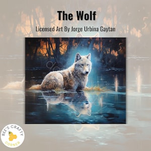 May include: A painting of a white wolf sitting in a body of water with a reflection of the wolf in the water. The wolf is looking to the right of the image. The background is a forest with a sunset sky.