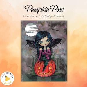 May include: An illustration of a dark-haired pixie with blue eyes and black bat wings, seated on a carved orange pumpkin. The artwork, titled "Pumpkin Pixie," features a full moon and bats against a dark background. Licensed art by Molly Harrison.