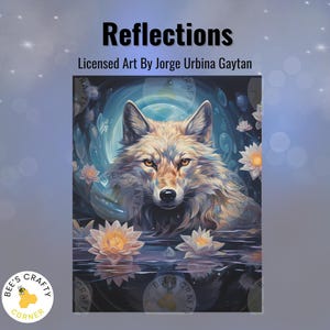 May include: Digital art print titled "Reflections" featuring a wolf in a serene aquatic setting. The artwork, licensed from Jorge Urbina Gaytan, showcases the wolf with a full moon backdrop, surrounded by water lilies.
