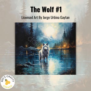 May include: A painting of a white wolf standing in a lake with a full moon in the background. The wolf is looking directly at the viewer. The painting is titled "The Wolf #1" and is licensed art by Jorge Urbina Gaytan.