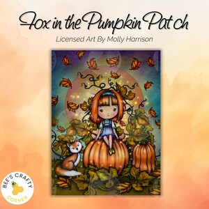 May include: A whimsical illustration titled "Fox in the Pumpkin Patch" by Molly Harrison. It features a cartoon girl with red hair sitting on a large orange pumpkin, with a fox beside her. The scene is surrounded by autumn leaves and vines.