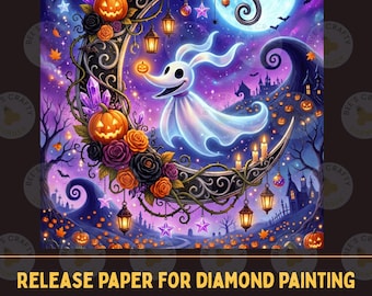 May include: A sheet of release paper for diamond painting featuring a vibrant Halloween illustration of a ghost dog floating near a crescent moon adorned with jack-o'-lanterns, purple roses, crystals, lanterns, and stars against a purple sky.