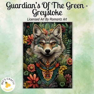 May include: A digital art print featuring a wolf with floral accents and intricate details. The artwork, titled "Guardian's Of The Green - Greystoke," showcases a wolf surrounded by colorful flowers and foliage. The print includes the text "Licensed Art By Romantz Art."