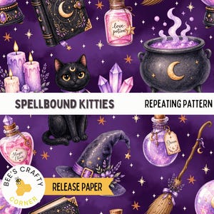 May include: A repeating pattern on a purple background with magical themes. It features black cats, potion bottles, a witch's hat, a cauldron, crystals, candles, and the text "Spellbound Kitties" and "Repeating Pattern".