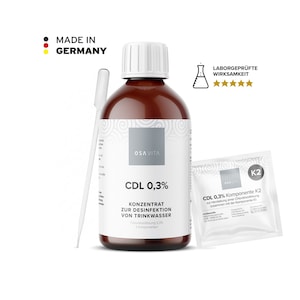Puede incluir: Una botella marrón de concentrado CDL 0,3% para desinfección de agua potable, con tapón blanco y cuentagotas transparente. También hay un sobre pequeño etiquetado "CDL 0,3% Komponente K2". Fabricado en Alemania.