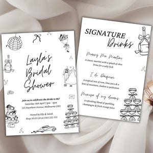 Illustrierte Black & White Brautparty-Einladung und Cocktail-Menü | Skurrile elegante Hochzeitsdeko | Handgezeichnete Kritzel-Illustration