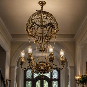 Könnte beinhalten: Verzierter Messing-Kronleuchter im Heißluftballon-Design. Die Leuchte hat ein Vogeldetail an der Spitze, eine käfigartige Struktur und sechs kerzenförmige Lichter. Der Kronleuchter hängt in einem Flur mit einer dunklen Holztür.