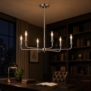 Handmade Brass Linear 6-Light Chandelier – Modern Ceiling Light Fixture | Mid Century Minimalist Pendant for Living or Dining Room