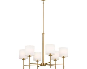 Handgemaakte messing lineaire kroonluchter met 6 kappen – moderne plafondlamp | zwarte minimalistische hanglamp in mid-century stijl voor de woonkamer