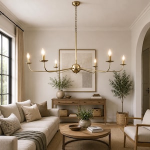Handgemaakte messing lineaire kroonluchter met 6 lampen – Moderne plafondlamp | Minimalistische hanglamp in mid-century stijl voor woon- of eetkamer