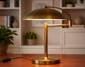 Large 1950s Mid Century Modern Brass Table Lamp Heavy Vintage Desk Lamp with Dome Shade Adjustable Swivel Arm Retro Lighting Decor Office