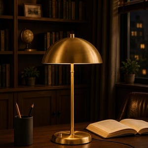 May include: A brass desk lamp with a domed shade and a round base sits on a dark wooden desk. A black pencil holder and an open book are also on the desk. The background includes a bookshelf and a window.