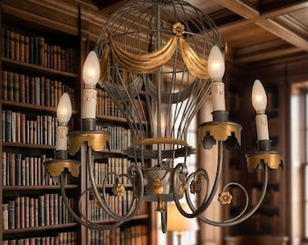 Lámpara de araña italiana de hierro dorado con forma de globo aerostático, estilo años 70, con 6 luces.