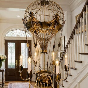 Vintage Hot Air Balloon Chandelier, Antique Hanging Light Fixture Steampunk Ceiling Lamp Gothic Library Lighting Luxury Statement Chandelier